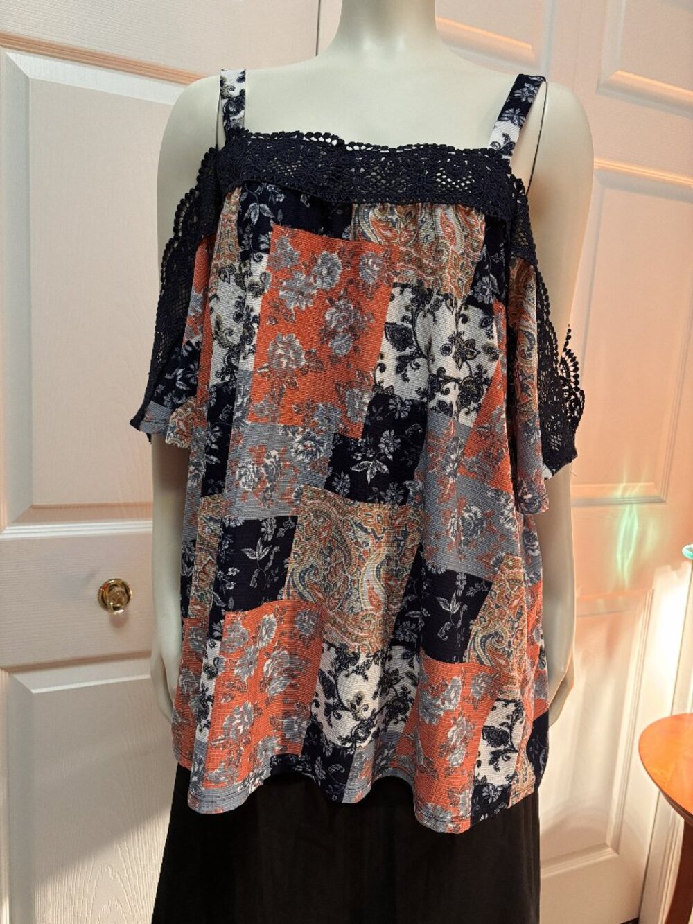 Cato 14/16W Patchwork Floral Cold Shoulder Crochet Lace Boho Top Plus Size